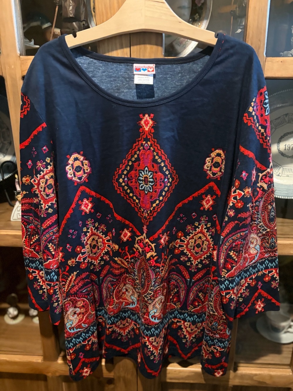 American Sweetheart Women’s Navy Embroidered Boho Tunic Size Large 3/4 Sleeve